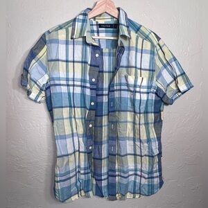 NAUTICA LINEN AND COTTON BLEND BLUE AND YELLOW PLAID BUTTON-DOWN SHIRT SIZE S